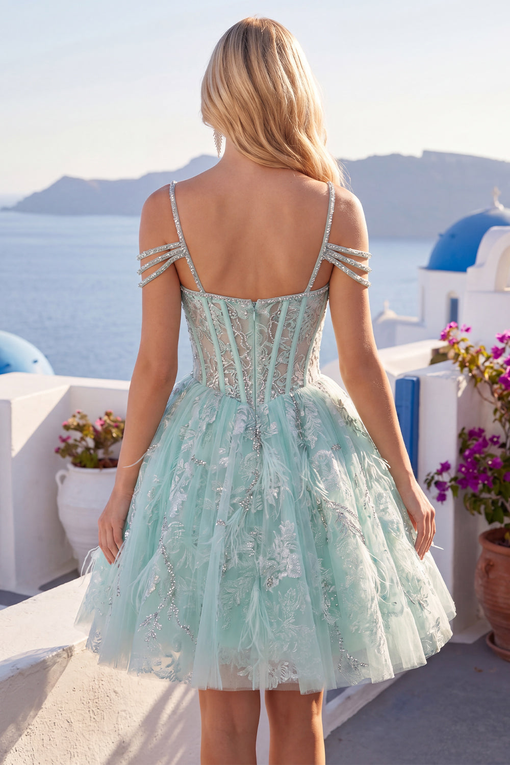 Cold Shoulder Floral Sparkly Mint Corset Short A Line Beaded Homecoming Dress