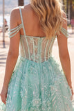 Cold Shoulder Floral Sparkly Mint Corset Short A Line Beaded Homecoming Dress