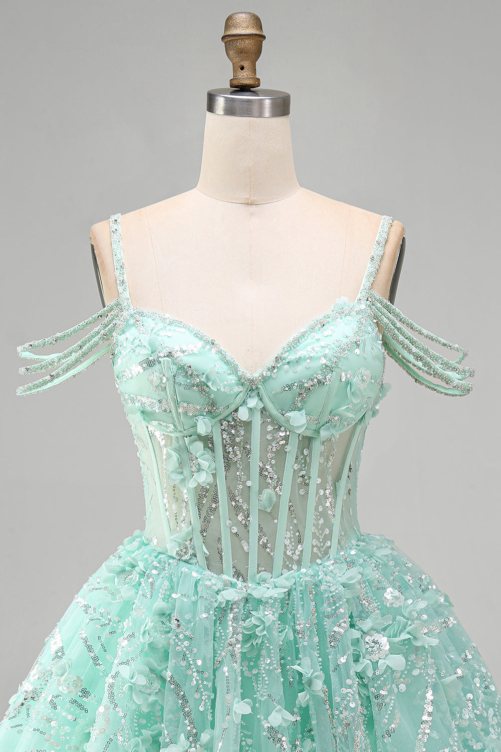 Cold Shoulder Floral Sparkly Mint Corset Short A Line Beaded Homecoming Dress