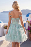 Cold Shoulder Floral Sparkly Mint Corset Short A Line Beaded Homecoming Dress