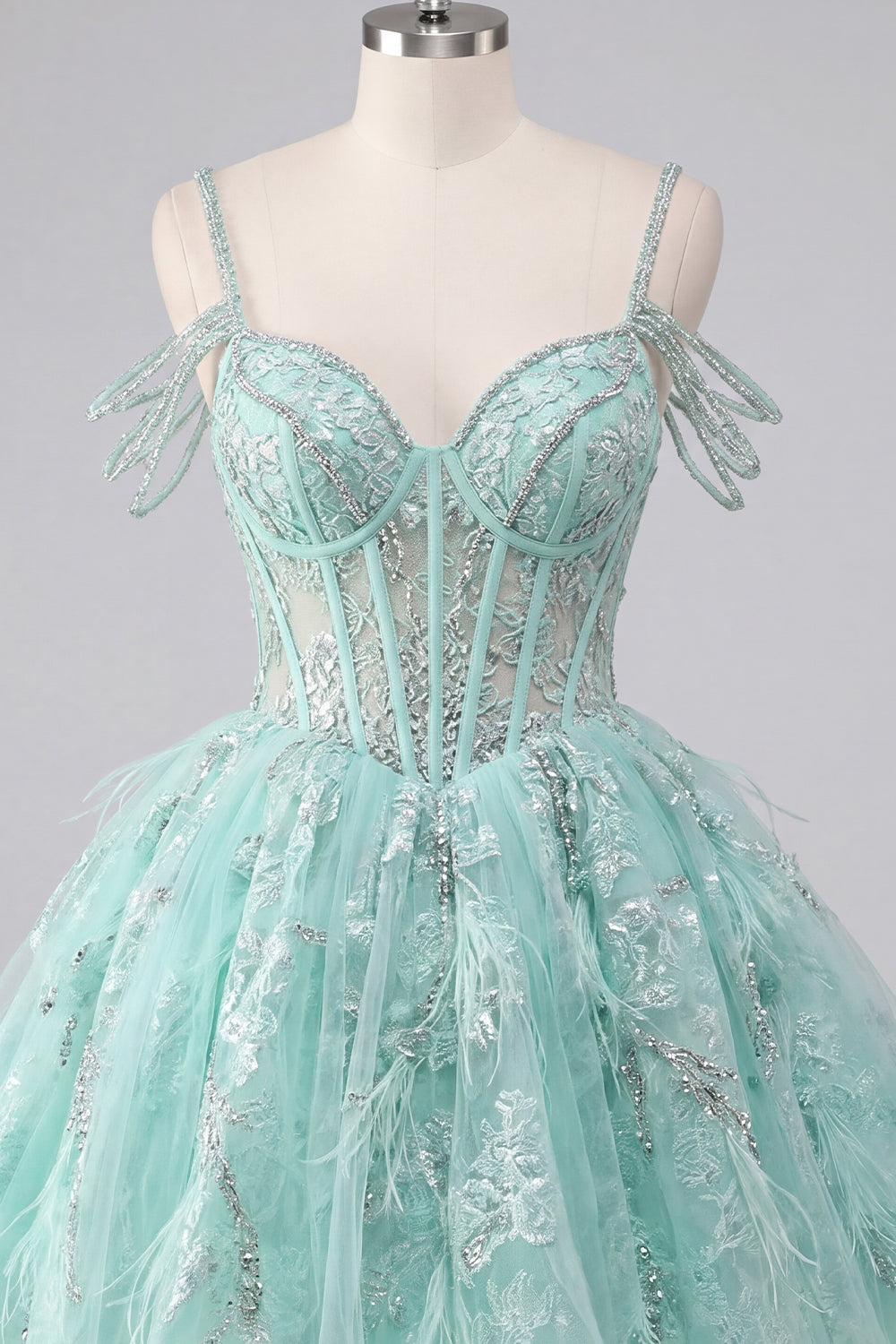 Cold Shoulder Floral Sparkly Mint Corset Short A Line Beaded Homecoming Dress