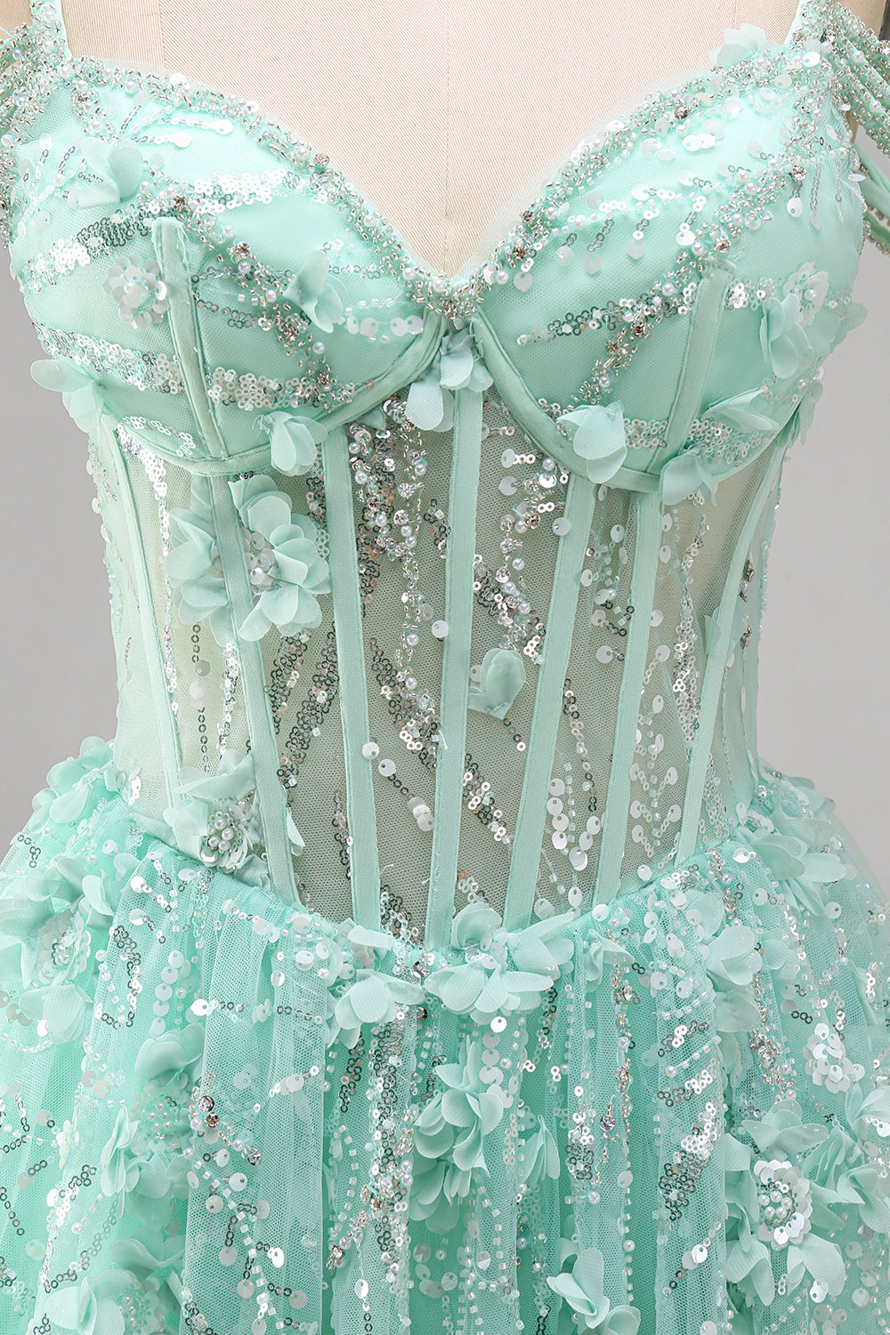 Cold Shoulder Floral Sparkly Mint Corset Short A Line Beaded Homecoming Dress
