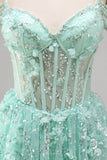 Cold Shoulder Floral Sparkly Mint Corset Short A Line Beaded Homecoming Dress