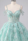Cold Shoulder Floral Sparkly Mint Corset Short A Line Beaded Homecoming Dress