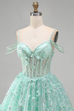 Cold Shoulder Floral Sparkly Mint Corset Short A Line Beaded Homecoming Dress