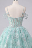 Cold Shoulder Floral Sparkly Mint Corset Short A Line Beaded Homecoming Dress