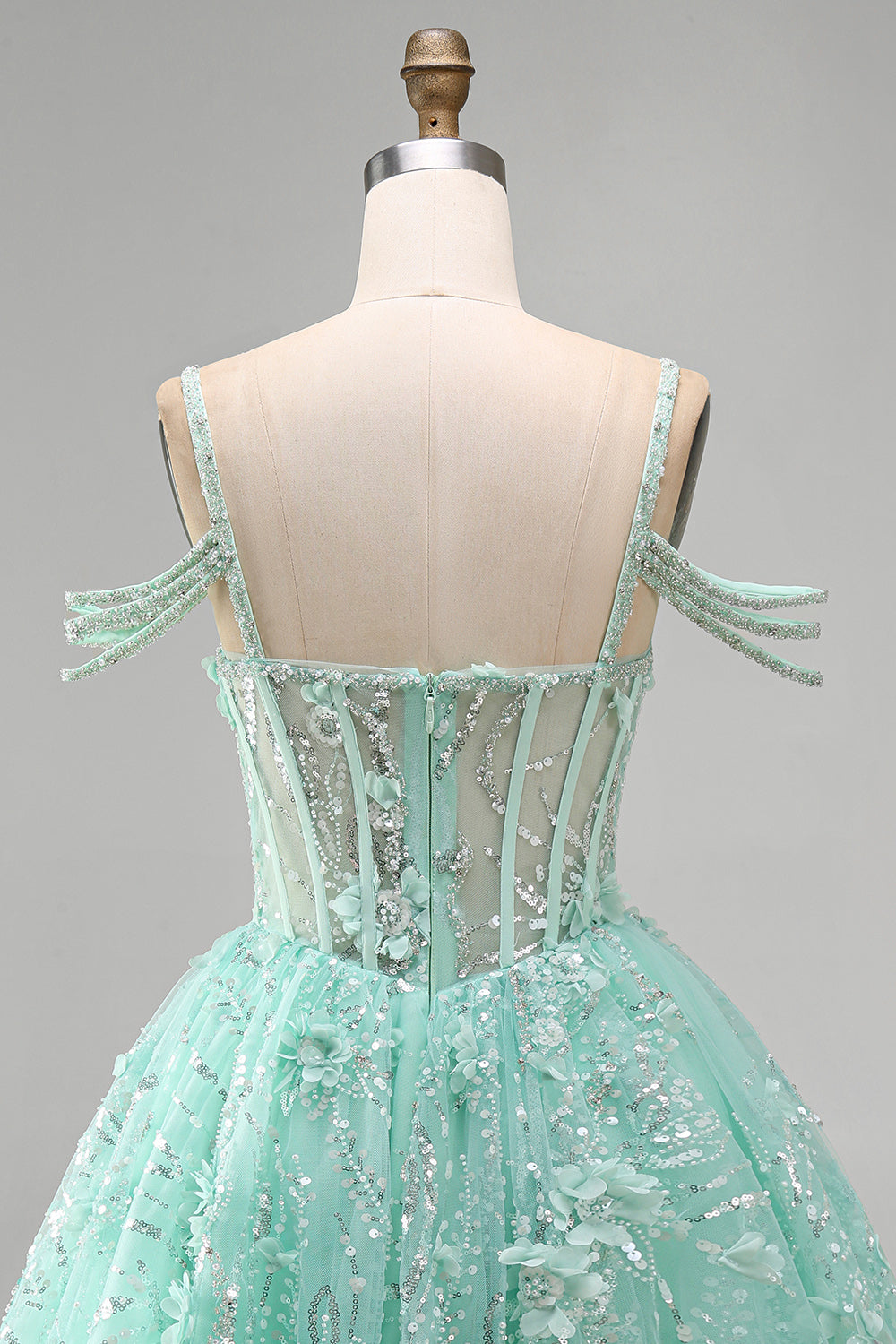 Cold Shoulder Floral Sparkly Mint Corset Short A Line Beaded Homecoming Dress