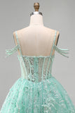Cold Shoulder Floral Sparkly Mint Corset Short A Line Beaded Homecoming Dress