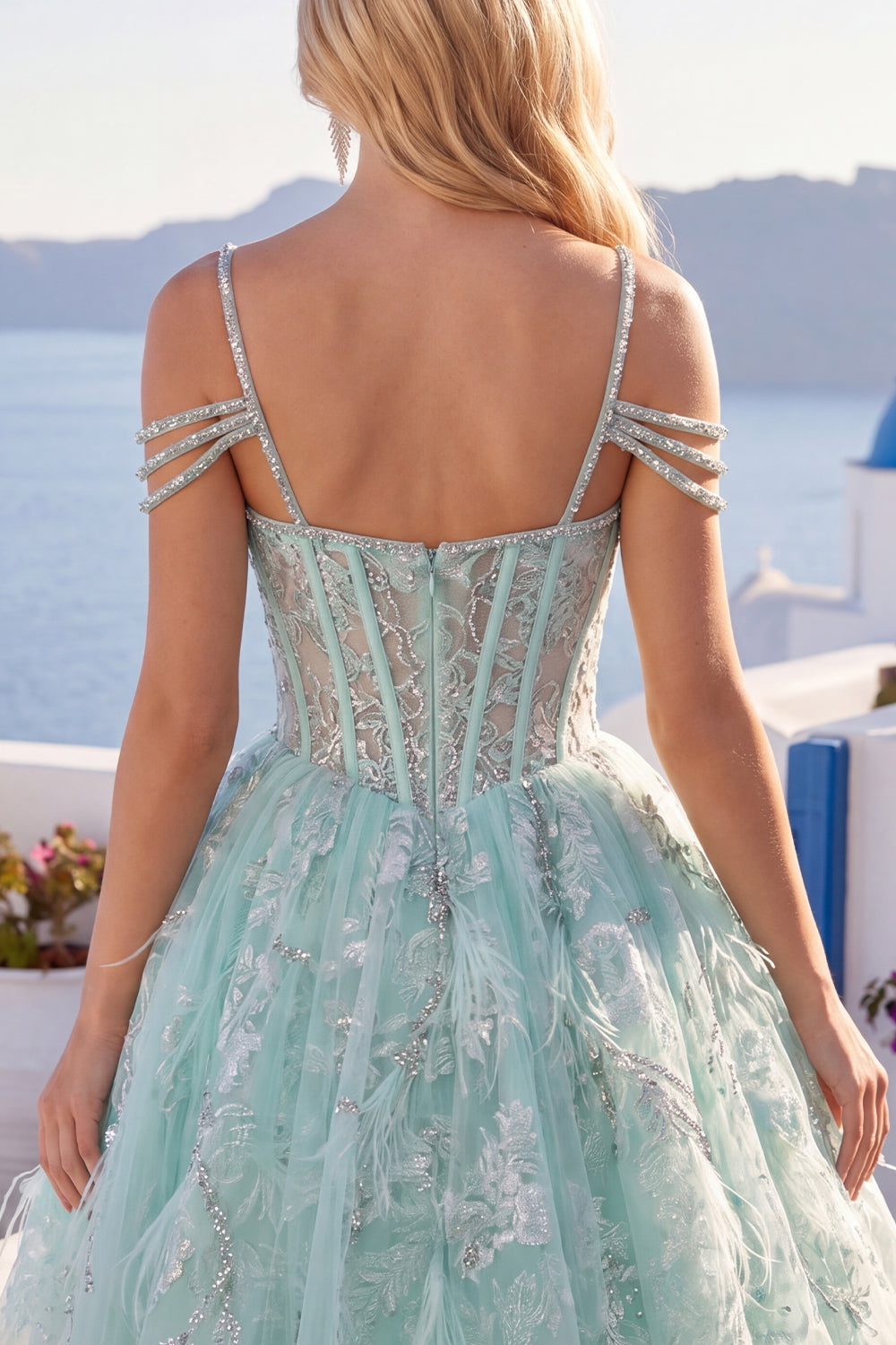 Cold Shoulder Floral Sparkly Mint Corset Short A Line Beaded Homecoming Dress