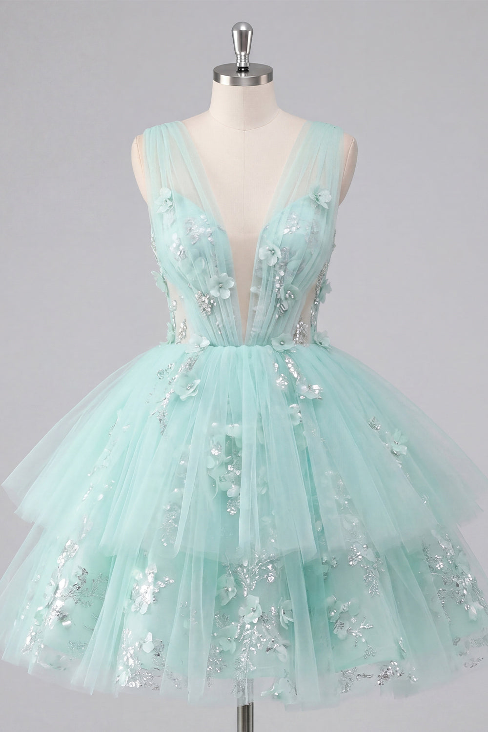 V-Neck Floral Sparkly Mint Short A Line Beaded Homecoming Dress with Ruffles