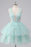 V-Neck Floral Sparkly Mint Short A Line Beaded Homecoming Dress with Ruffles