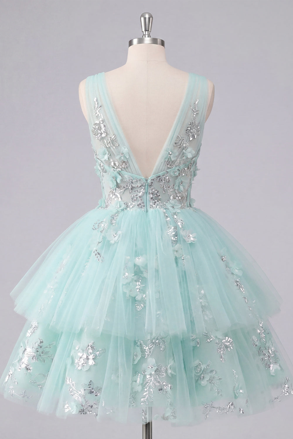 V-Neck Floral Sparkly Mint Short A Line Beaded Homecoming Dress with Ruffles