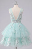 V-Neck Floral Sparkly Mint Short A Line Beaded Homecoming Dress with Ruffles