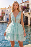 V-Neck Floral Sparkly Mint Short A Line Beaded Homecoming Dress with Ruffles