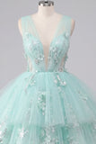 V-Neck Floral Sparkly Mint Short A Line Beaded Homecoming Dress with Ruffles