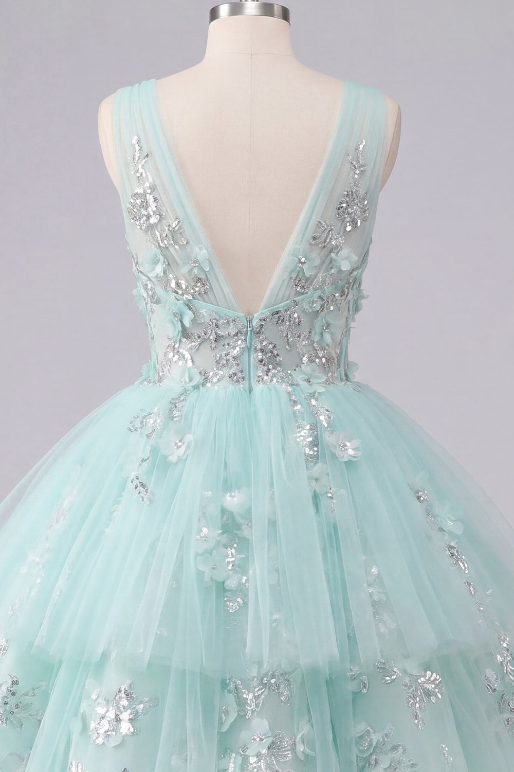 V-Neck Floral Sparkly Mint Short A Line Beaded Homecoming Dress with Ruffles