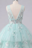 V-Neck Floral Sparkly Mint Short A Line Beaded Homecoming Dress with Ruffles
