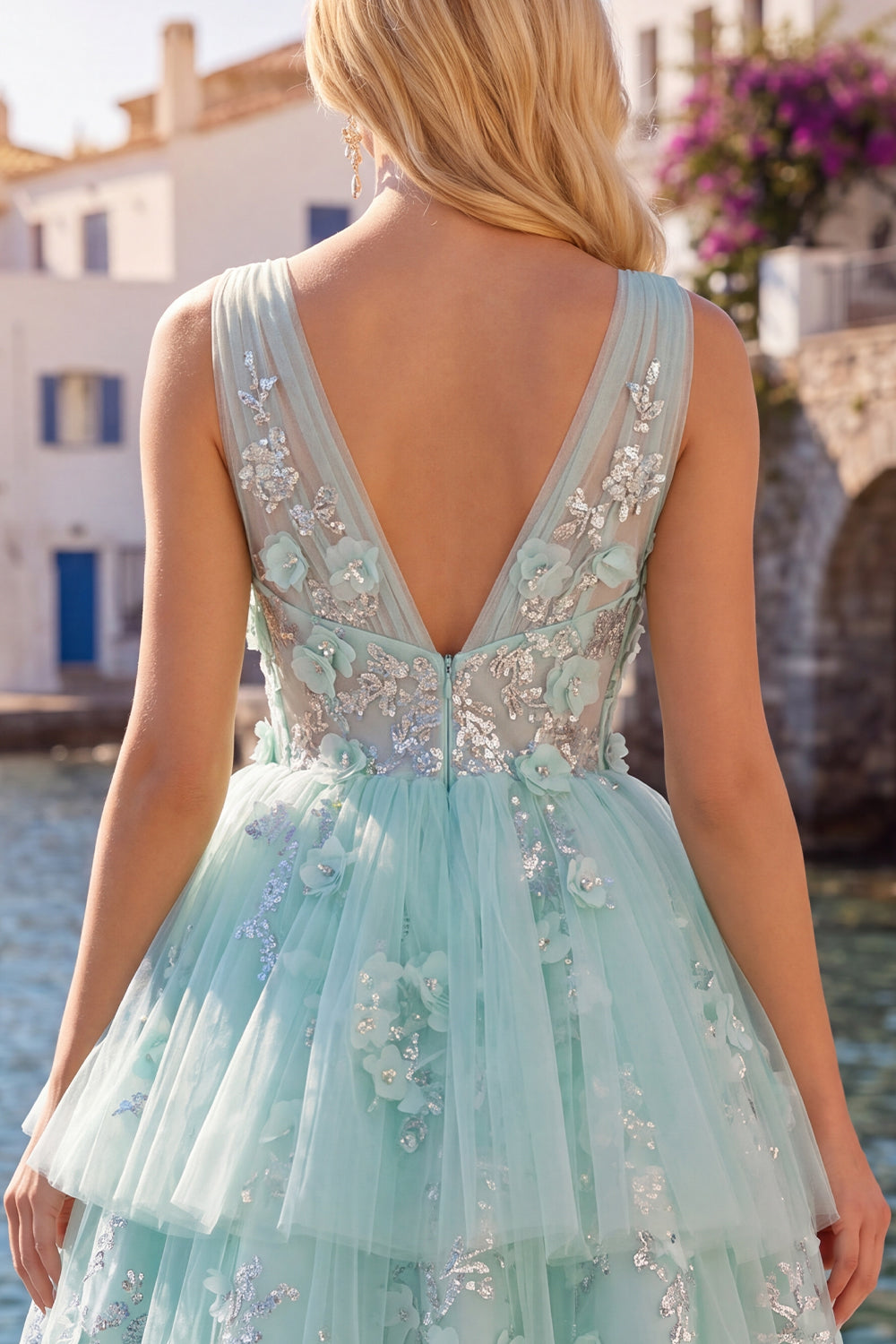 V-Neck Floral Sparkly Mint Short A Line Beaded Homecoming Dress with Ruffles