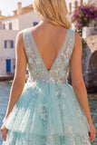 V-Neck Floral Sparkly Mint Short A Line Beaded Homecoming Dress with Ruffles