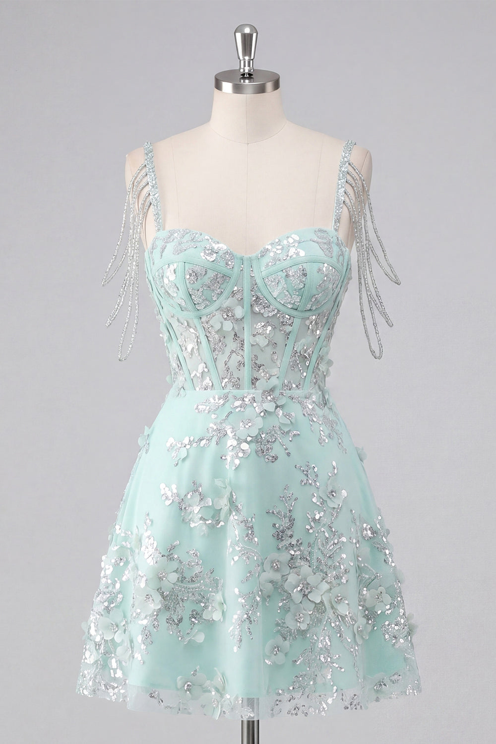 Sparkly Mint Corset Cold Shoulder Floral Short A Line Beaded Homecoming Dress