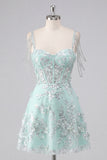 Sparkly Mint Corset Cold Shoulder Floral Short A Line Beaded Homecoming Dress