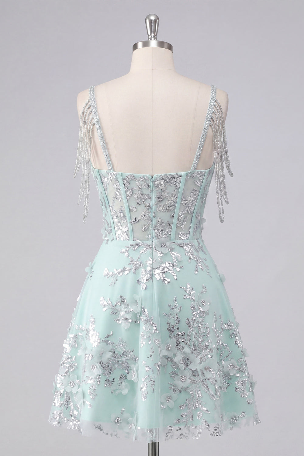 Sparkly Mint Corset Cold Shoulder Floral Short A Line Beaded Homecoming Dress