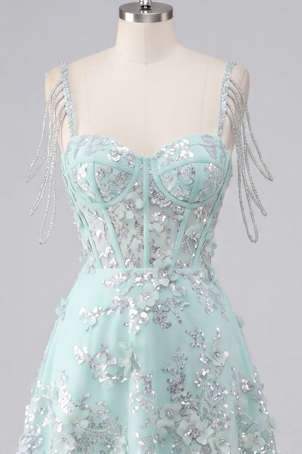 Sparkly Mint Corset Cold Shoulder Floral Short A Line Beaded Homecoming Dress