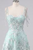 Sparkly Mint Corset Cold Shoulder Floral Short A Line Beaded Homecoming Dress