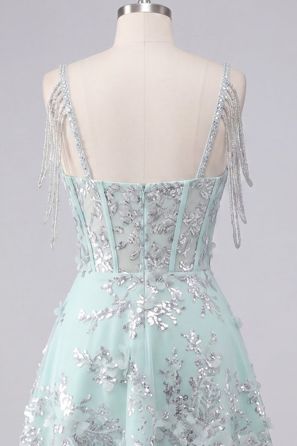 Sparkly Mint Corset Cold Shoulder Floral Short A Line Beaded Homecoming Dress