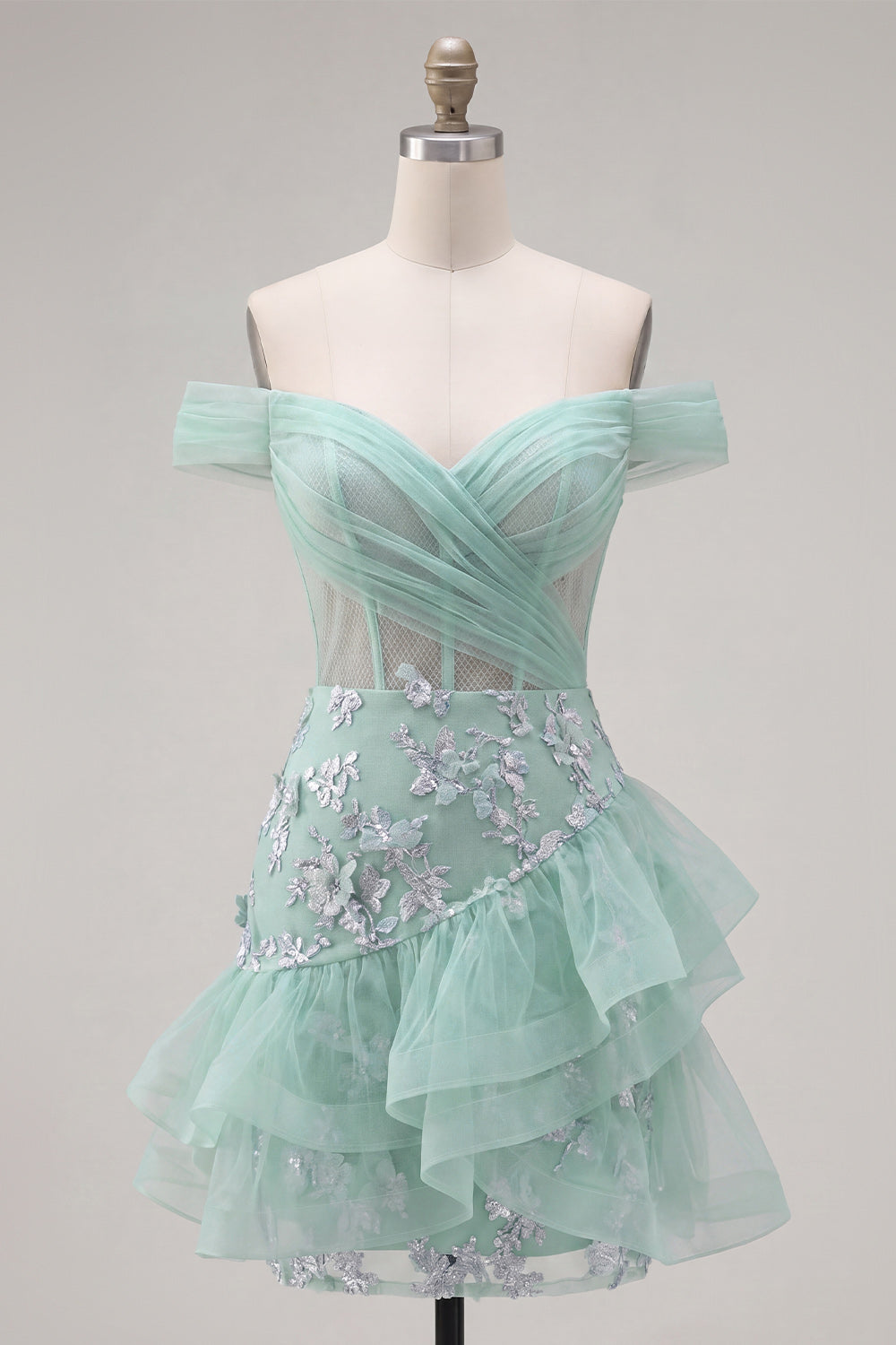 Short A Line Ruched Sparkly Mint Corset Floral Homecoming Dress with Ruffles