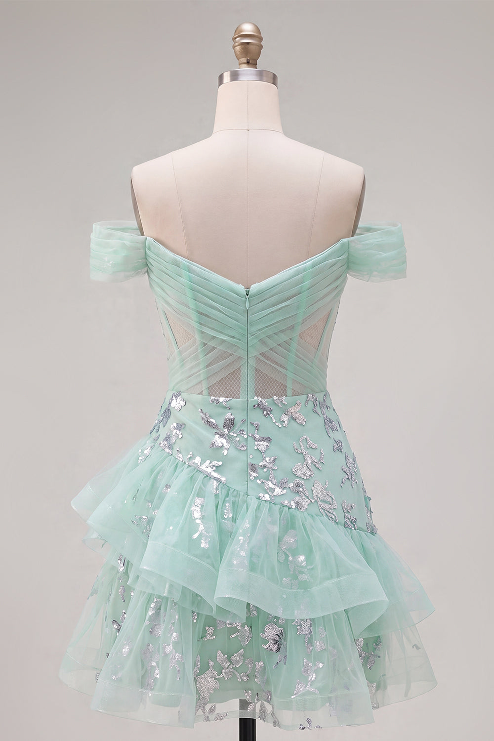 Short A Line Ruched Sparkly Mint Corset Floral Homecoming Dress with Ruffles