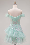 Short A Line Ruched Sparkly Mint Corset Floral Homecoming Dress with Ruffles