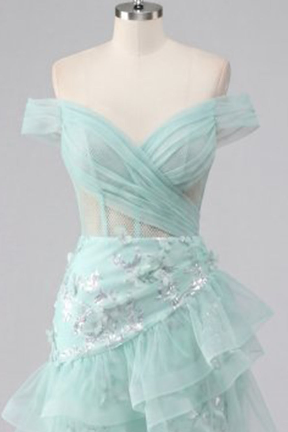 Short A Line Ruched Sparkly Mint Corset Floral Homecoming Dress with Ruffles