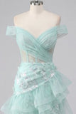 Short A Line Ruched Sparkly Mint Corset Floral Homecoming Dress with Ruffles