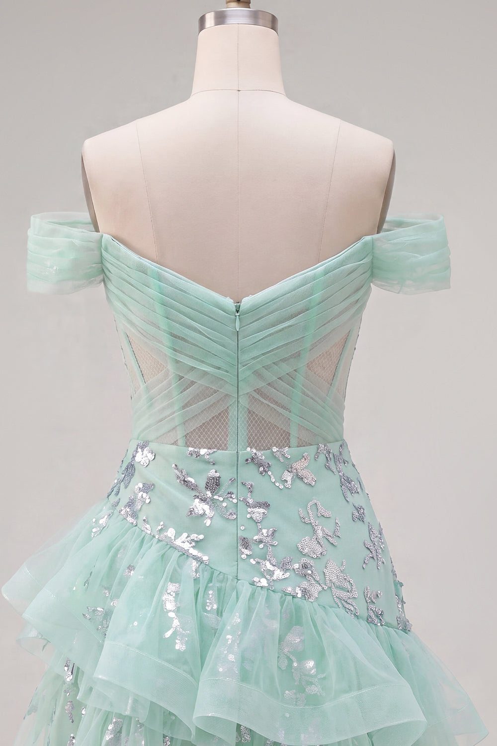 Short A Line Ruched Sparkly Mint Corset Floral Homecoming Dress with Ruffles