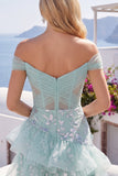 Short A Line Ruched Sparkly Mint Corset Floral Homecoming Dress with Ruffles