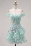 Short A Line Ruched Sparkly Mint Corset Floral Homecoming Dress with Ruffles