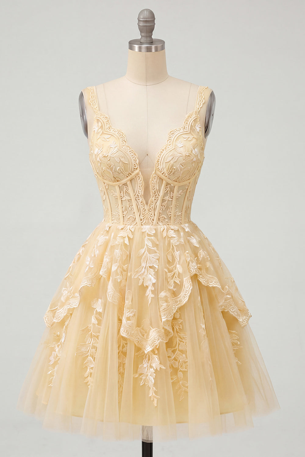 Lace V-Neck Ruffled A Line Butter Yellow Short Corset Homecoming Dress