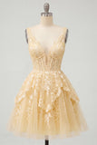 Lace V-Neck Ruffled A Line Butter Yellow Short Corset Homecoming Dress
