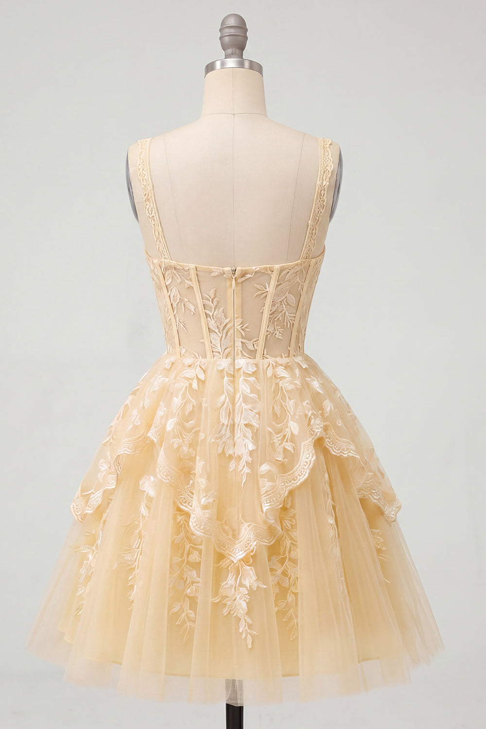 Lace V-Neck Ruffled A Line Butter Yellow Short Corset Homecoming Dress