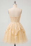 Lace V-Neck Ruffled A Line Butter Yellow Short Corset Homecoming Dress