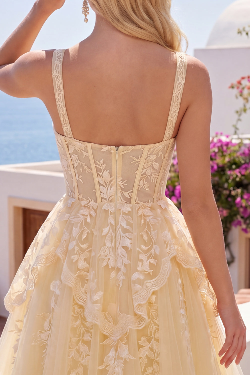 Lace V-Neck Ruffled A Line Butter Yellow Short Corset Homecoming Dress