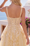 Lace V-Neck Ruffled A Line Butter Yellow Short Corset Homecoming Dress