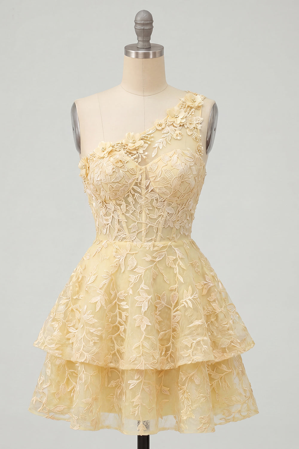Lace Floral One Shoulder Ruffled A Line Butter Yellow Short Corset Homecoming Dress