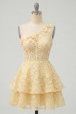 Lace Floral One Shoulder Ruffled A Line Butter Yellow Short Corset Homecoming Dress