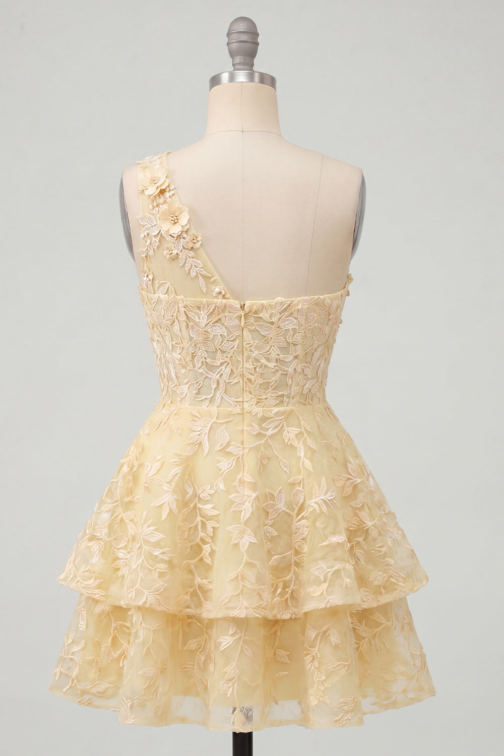 Lace Floral One Shoulder Ruffled A Line Butter Yellow Short Corset Homecoming Dress