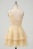 Lace Floral One Shoulder Ruffled A Line Butter Yellow Short Corset Homecoming Dress