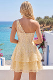 Lace Floral One Shoulder Ruffled A Line Butter Yellow Short Corset Homecoming Dress
