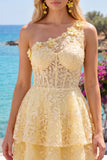 Lace Floral One Shoulder Ruffled A Line Butter Yellow Short Corset Homecoming Dress