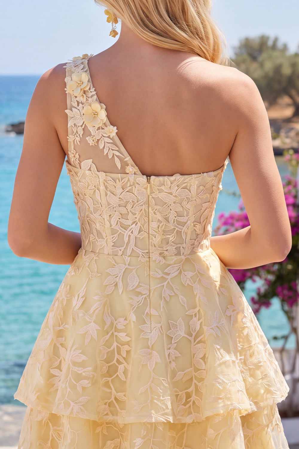 Lace Floral One Shoulder Ruffled A Line Butter Yellow Short Corset Homecoming Dress
